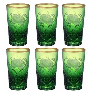 A set of Rose Gold Green crystal glasses for 6 people